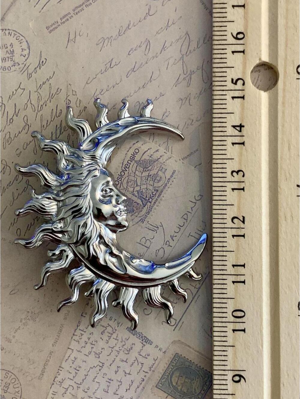 Silver Metallic Celestial Sun Rays Crescent Moon Face Brooch - Picture 3 of 3